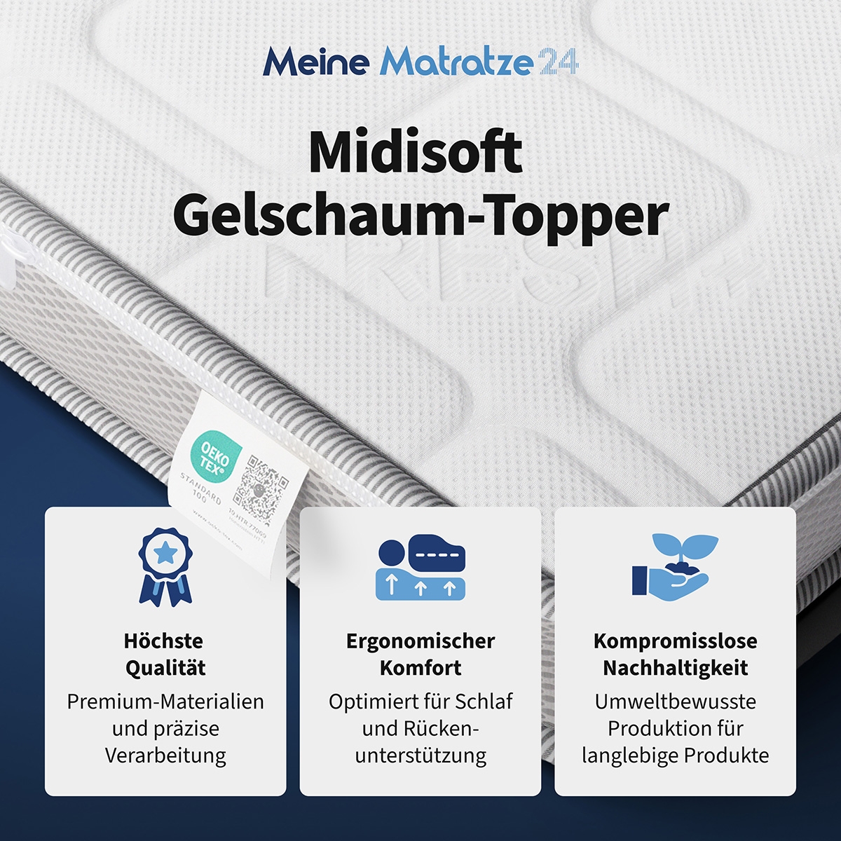 Eigenschaften Midisoft Gelschaum Topper: höchste Qualität, ergonomischer Komfort und Nachhaltigkeit mit Piktogrammen